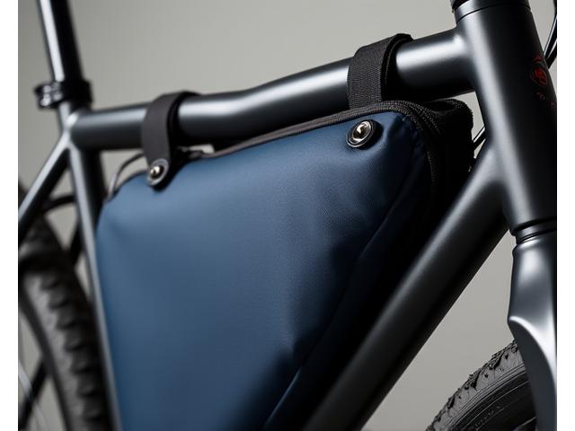 Close-up of a frame bag securely mounted within a bicycle's main triangle