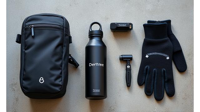 Assortment of cycling gear including bags, lights, and helmets, laid out for a packing guide.