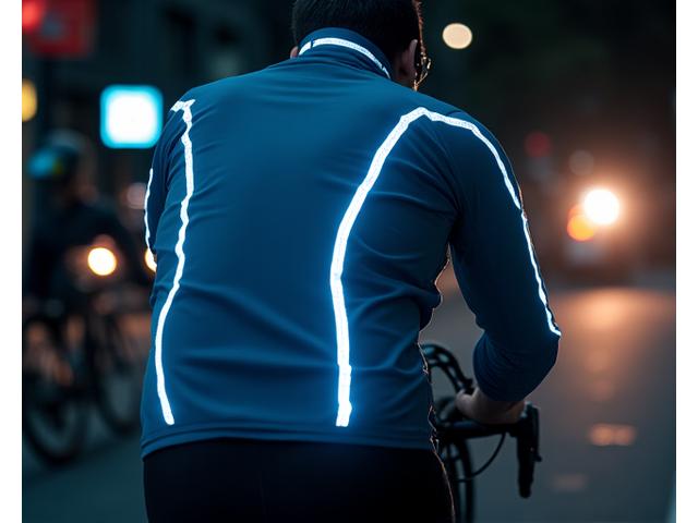 Cyclist wearing a highly reflective jacket at night, clearly visible