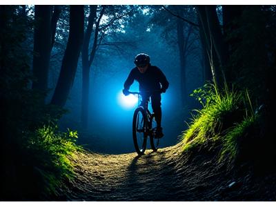 Mountain biker with headlamp on a dark trail at night